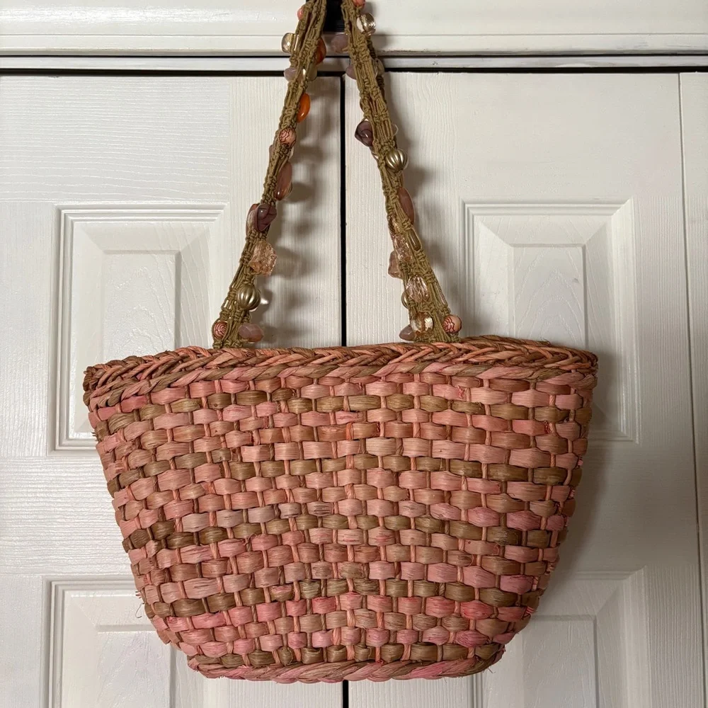 Cappelli Straworld Y2K Boho Pink Woven Shoulder Tote Style Bag w/ Beaded Straps